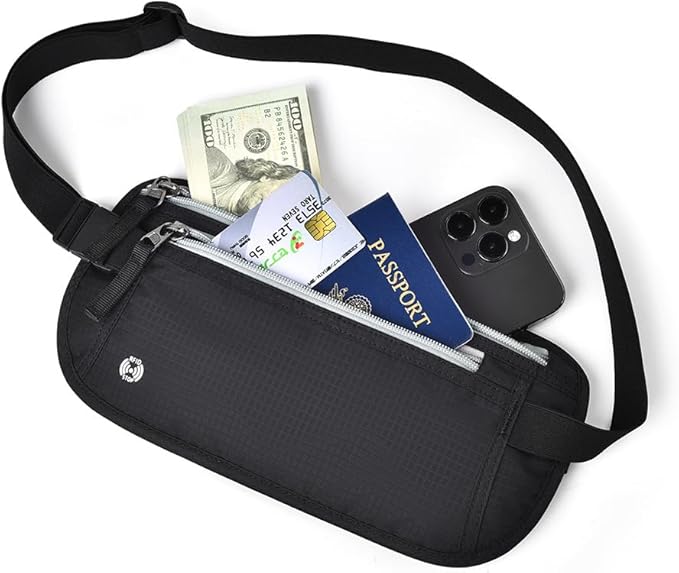 Travel Money Belt RFID Blocking - Slim Anti-Theft Passport Holder Pouch for Men & Women,Adjustable Waist Wallet with Secure Zipper (Grey)
