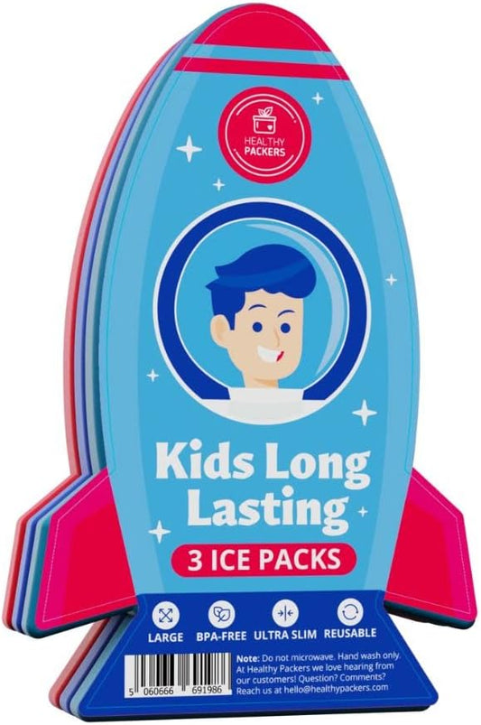 Healthy Packers® Slim Reusable Ice Packs for Lunch Boxes Kids and Adults | Long‑Lasting Thin Freezer Packs for Coolers, Bento Boxes,Lunch Bags, Travel, School Meals, and Meal Prep (3-Pack | Spaceship)