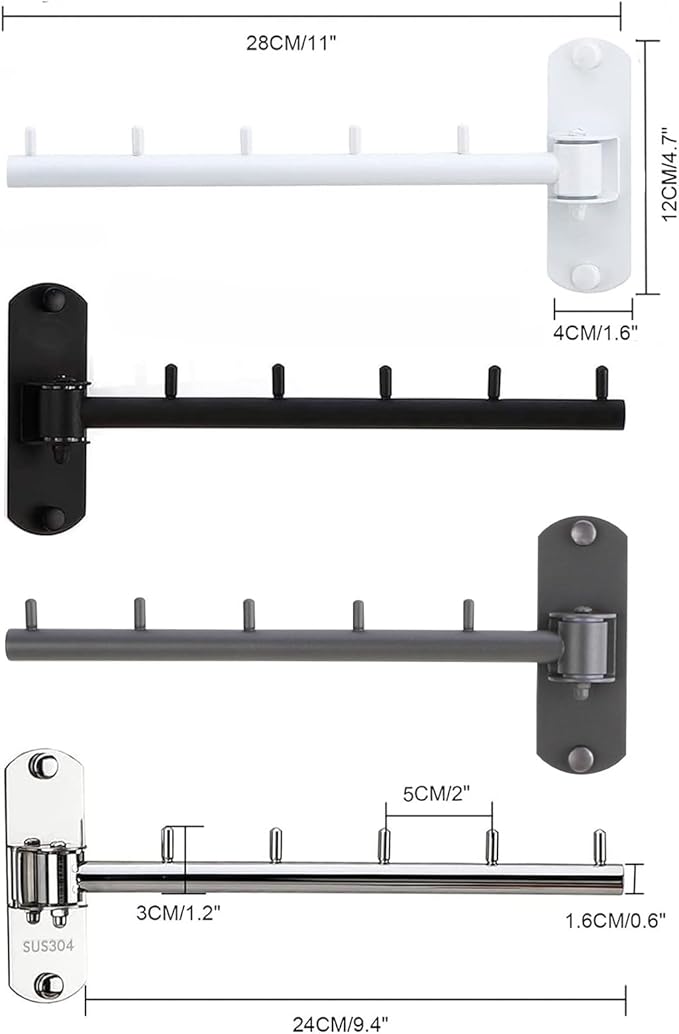 Pack of 2 Folding Wall Mounted Clothes Hanger Rack with Swing Arm Stainless Steel Heavy Duty Coat Hook for Bathroom, Bedroom, Laundry Room - Silver