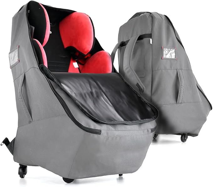 Car Seat Travel Bag with Wheels Heavy Duty Water-resistant Protective Cover for Airplane Travel & Rolling Design, Padded Handle,Padded Adjustable Strap (Grey)