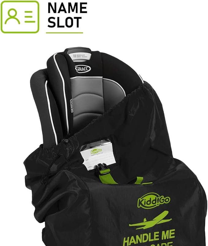 KiddiGo Car Seat Travel Bag For Airplane, Black & Green, 33” H x 18” W x 18” D, Fits Most Standard Convertible, Booster & Infant Car Seats, Gate Check Universal Size Car Seat Cover, Easy Carry Design