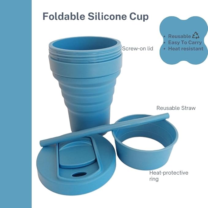 Collapsible Silicone Cup 12 oz – BPA Free Reusable Travel Cup with Lid & Straw – Foldable Pocket Size for Hot & Cold Drinks – Camping, Hiking, Office, Outdoor (Blue)