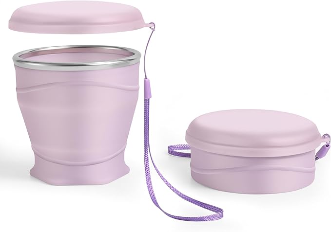 Silicone Collapsible Travel Cup with Dustproof Lid, 8.8 Oz/260ml, BPA-Free, Portable, Reusable for Camping, Picnic, Travel, Office (Light Purple)