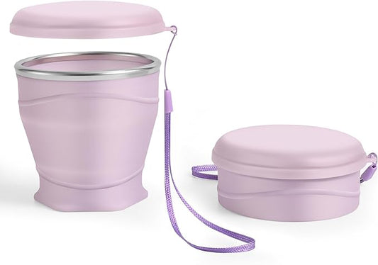 Silicone Collapsible Travel Cup with Dustproof Lid, 8.8 Oz/260ml, BPA-Free, Portable, Reusable for Camping, Picnic, Travel, Office (Light Purple)