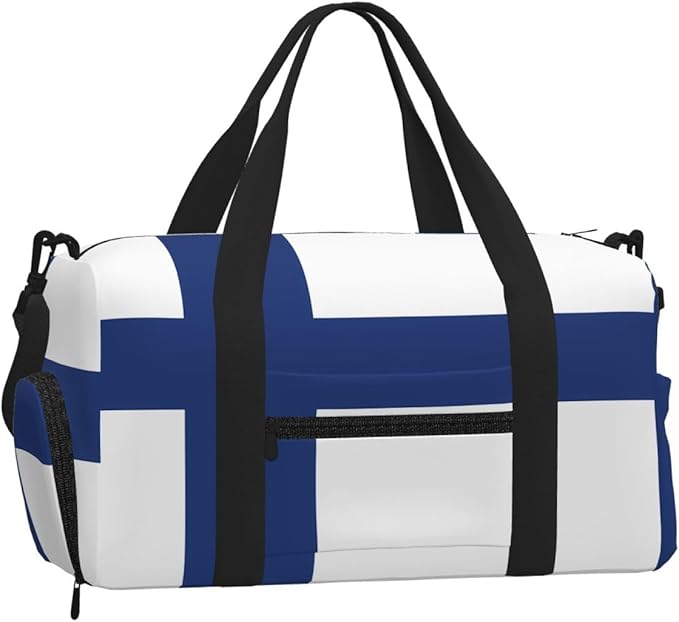 Finnish flag Print Gym Bag with Shoe Compartment for Women Men, 17.7in Sports Duffle Weekender Tote, Overnight Travel Duffel Bag Carry On