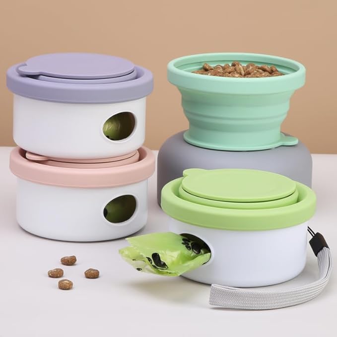 3 in 1 Collapsible Dog Travel Bowls, Small Animals Cats Bowl, Treat Container, Poop Bag Holder with 1 Roll Poop Bags, Portable Pet Silicone Snack Box for Walking, Hiking, Outdoor Camping, Road Trips