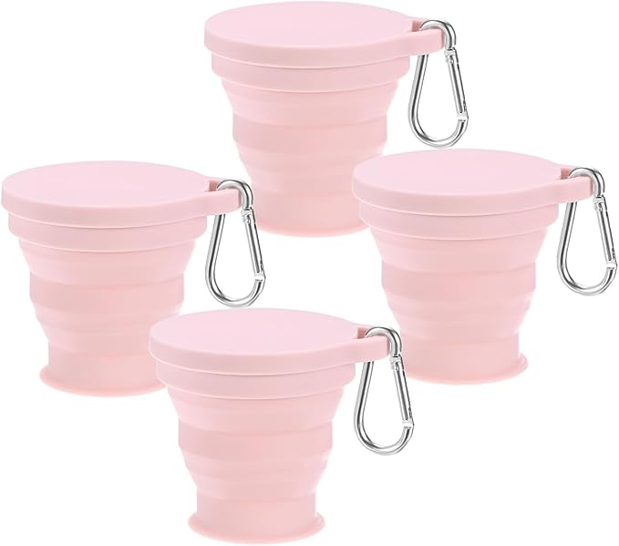 4 Pack Collapsible Travel Cup, 6oz(180ml) Silicone Portable Foldable Water Cup Bottle with Spring Buckle for Travel/Camping/Hiking, Reusable [Pink]