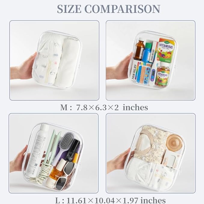 3-Pack Medium Clear Hard Shell Zipper Pouches, Clear Zipper Bags, Hard Case Pouches for Purse & Diaper Bag Organizer,and Travel Essentials (3M