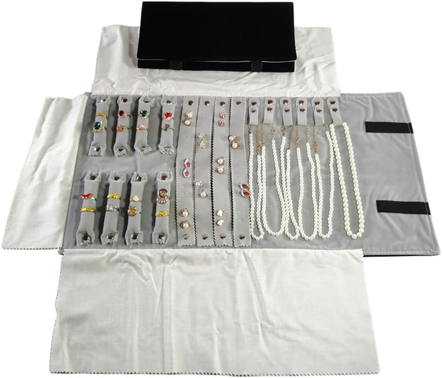 Velvet Travel Jewelry Case Roll Bag Organizer for Necklace Bracelet Earrings Ring (Black) (Black and Grey)
