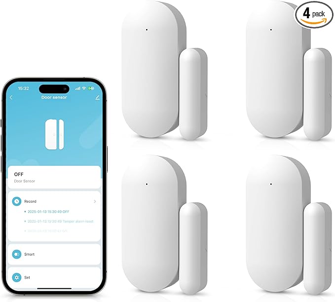 Door Alarm Window Sensors, Door Open Alarm Long Battery Life Wireless for Security Real-Time Notification WiFi Contact Sensor App Control No Monthly Fee