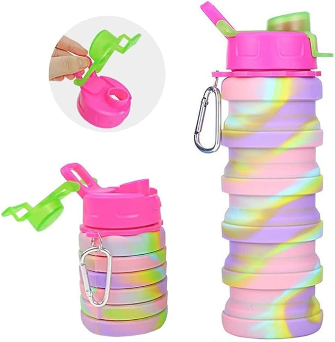 Collapsible Water Bottles 3 Pack Silicone Water Bottle with Carabiner BPA Free Expandable Water Bottle 500ml Portable Sport Water Bottle for Travel Camping. (Black+Purple+Blue)