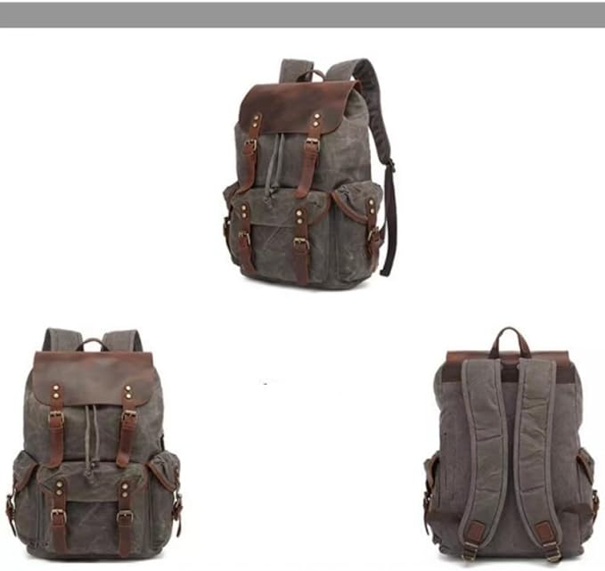 Genuine Leather Canvas waxed Backpack Travel Rucksack Laptop Bag