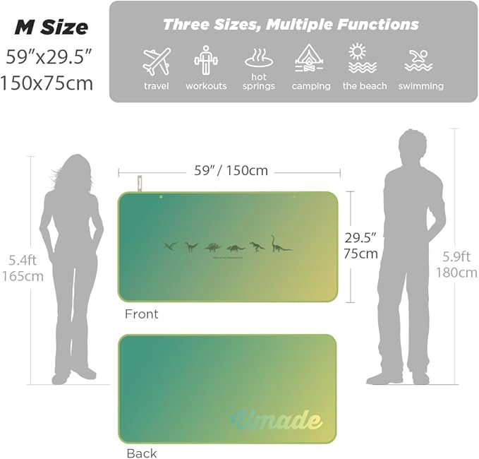 Umade Microfiber Quick Dry Towel, 59" x 29.5" - Compact Lightweight Travel/Backpack/Camping/Yoga Towels with Hanging Loop & Elastic Strap, Dinosaur Design (Golden Canopy Green)