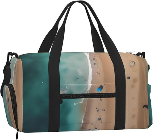 Aerial view of the beach Print Gym Bag with Shoe Compartment for Women Men, 17.7in Sports Duffle Weekender Tote, Overnight Travel Duffel Bag Carry On