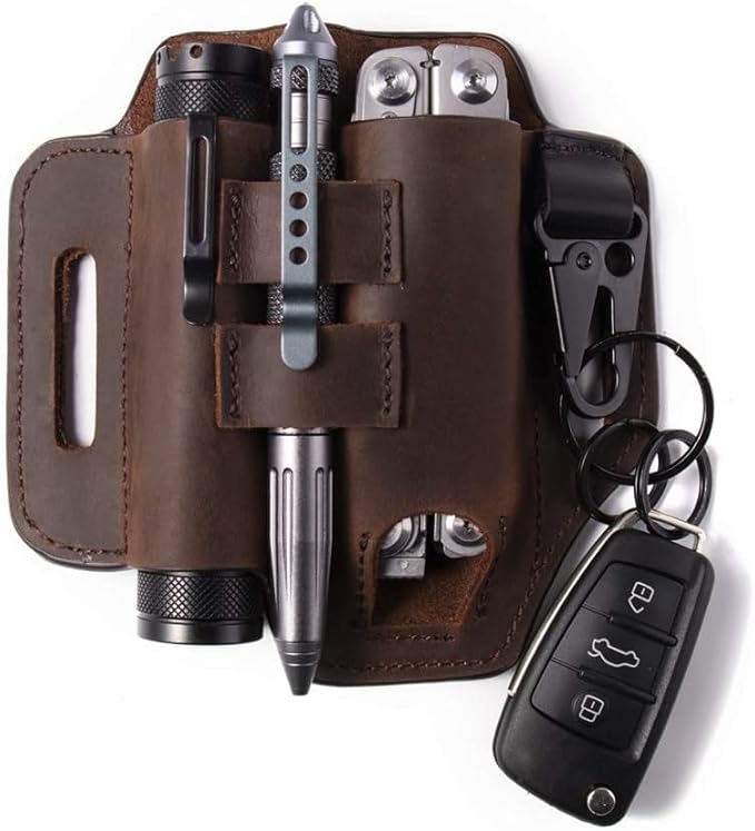 Leather EDC Multitool Sheath for Belt,Leather Belt Pouch for Work and Daily Use,Gifts for Men,Secure and Convenient Tool Organizer for Flashlight and Multitool Kits with Key Holder