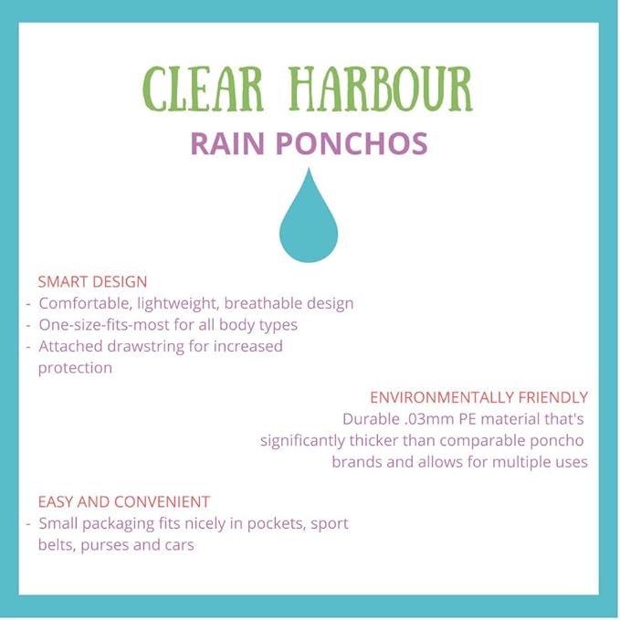 Clear Harbour Emergency Disposable Rain Poncho Pack for Adults | Women and Men's Rain Ponchos in Bulk | Extra Thick, Waterproof Reusable .03mm PE Plastic Material for Travel, Survival, and Fun.