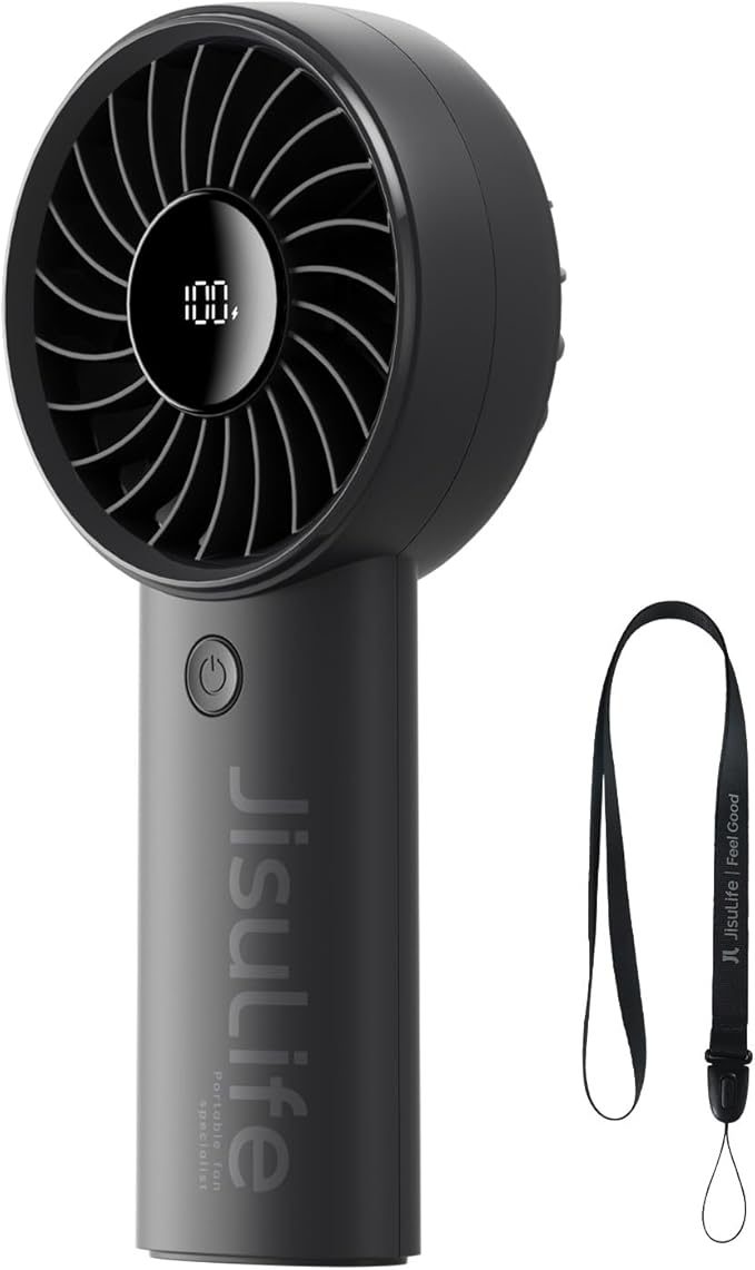JISULIFE Handheld Portable Fan, Stronger and Longer-Lasting: 5 Speed, 5000mAh Battery, 12-Blade Turbo For Powerful Wider Wind, LED Display, Rechargeable Personal Fan for Travel Concerts Makeup-Black