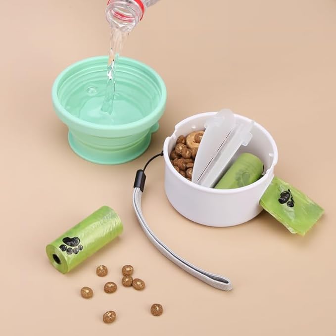 3 in 1 Collapsible Dog Travel Bowls, Small Animals Cats Bowl, Treat Container, Poop Bag Holder with 1 Roll Poop Bags, Portable Pet Silicone Snack Box for Walking, Hiking, Outdoor Camping, Road Trips