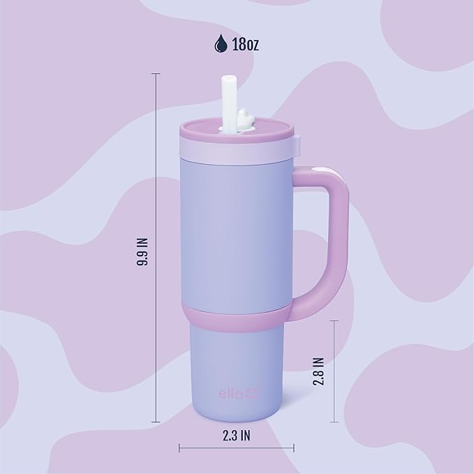 Ello Oasis 18oz Kids Tumbler with Handle & Retracting Straw, 100% Leakproof Reusable Insulated Stainless Steel Cup, Gifts for Teens Girls Boys, Keeps cold for 18 Hours, Cup Holder Friendly, Lavender
