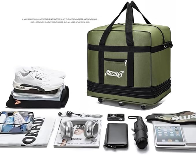 Expandable Extra Large Travel Oxford Duffel Bag with Wheels Waterproof Lightweight Traveling Foldable Suitcase (Green, L - 6 wheels)