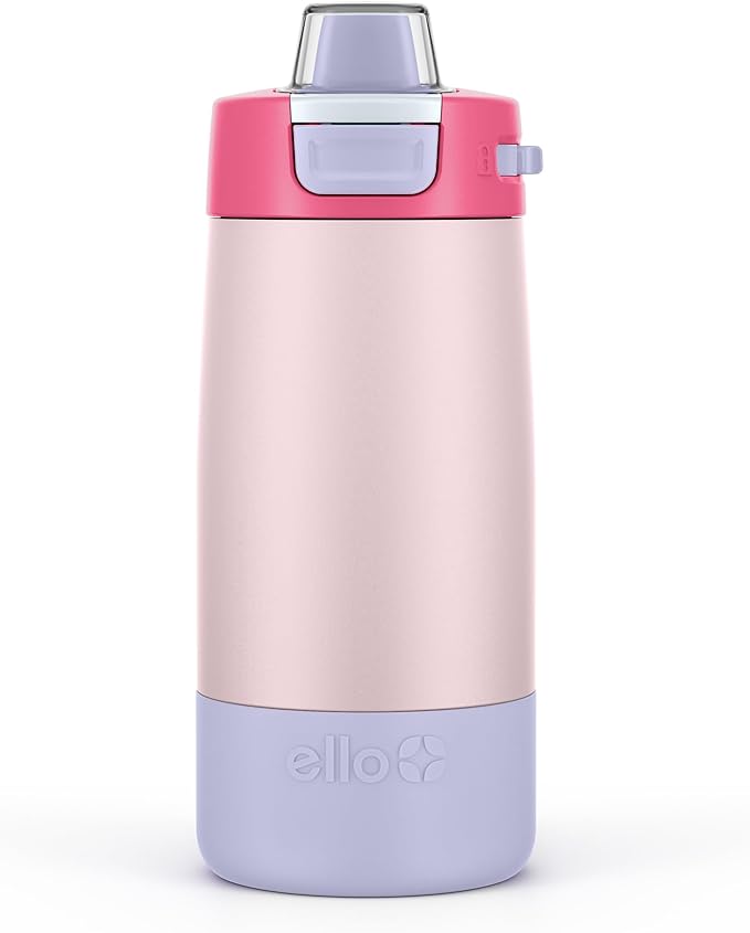 Ello Kids Colby 12oz Stainless Steel Insulated Water Bottle with Straw and Built-In Silicone Coaster Carrying Handle and Leak-Proof Locking Lid for School Backpack, Lunchbox, and Outdoor Sports