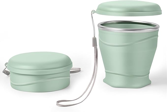 8.8oz/260ml Collapsible Silicone Cup with Lid,BPA-Free,304 Stainless Steel Rim,Portable Cup for Travel,Camping, Hiking,Outdoor Sports (Light Green)