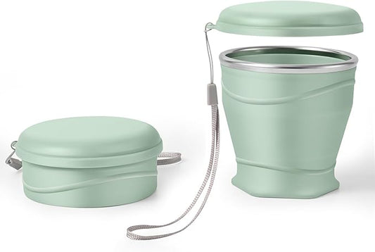 8.8oz/260ml Collapsible Silicone Cup with Lid,BPA-Free,304 Stainless Steel Rim,Portable Cup for Travel,Camping, Hiking,Outdoor Sports (Light Green)