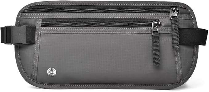 Travel Money Belt RFID Blocking - Slim Anti-Theft Passport Holder Pouch for Men & Women,Adjustable Waist Wallet with Secure Zipper (Grey)