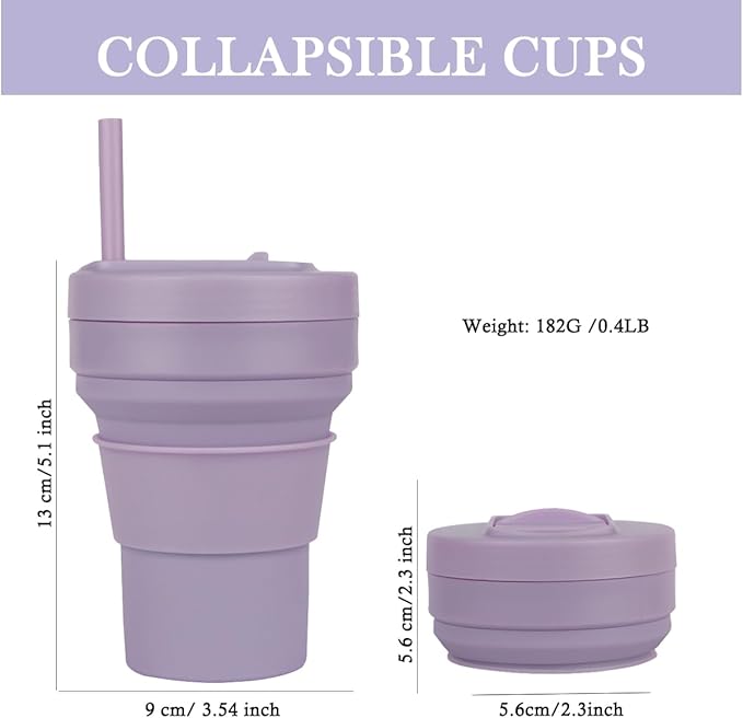 Collapsible Travel Cups- Food Grade Silicone Coffee Cups with Straw Lid 350ml 12oz Lightweight