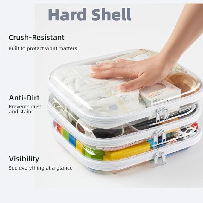 3-Pack Large Clear Hard Shell Zipper Pouches, Clear Zipper Bags, Hard Case Pouches for Purse & Diaper Bag Organizer,and Travel Essentials (3L