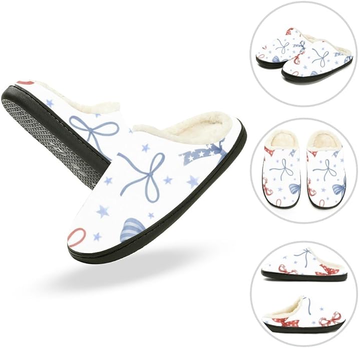 Slippers Women Indoor Bow Graphic Pattern Flannel Cotton Slipper Non Slip Machine Washable Comfy His and Hers Shoes Gifts for 40 Year Old Woman Room Essentials for Women