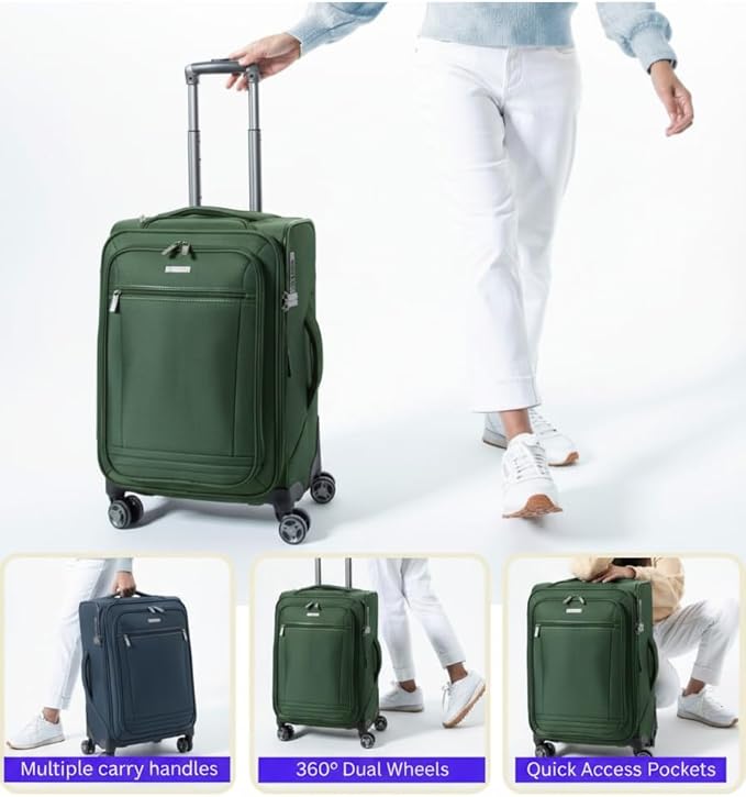 Ricardo Beverly Hills Avalon Softside 2-Piece Luggage Set Made with Sustainable 100% Recycled PET (rPET), Lightweight, Eco-Friendly Travel, Expandable, Dual Spinner Wheels, Juniper Green, (20" & 28")