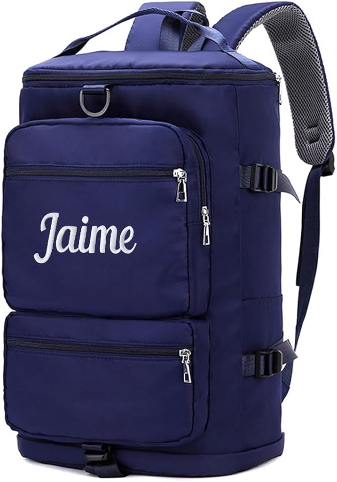 Personalized Sports Duffel Bag, 35L Custom Embroidered Gym Backpack for Men Women, Travel Weekender Bag with Shoe & Laptop Compartment, Carry On Overnight Workout Bag(Dark Blue)