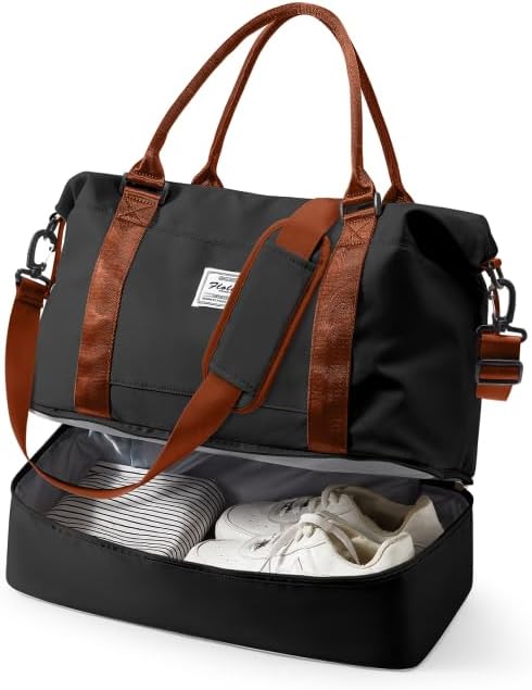 Spirit Travel Duffel - 18x14x8 Inches Weekender Overnight Bag with Shoes Compartment, Trolley Sleeve & Carry On for Airplanes, Sport Tote Gym Bag - Black/Brown