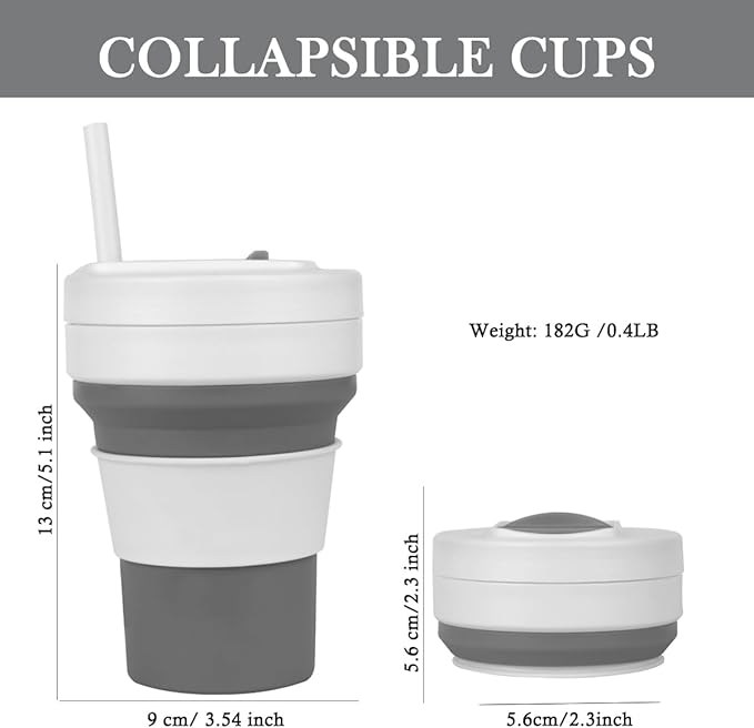 Collapsible Travel Cups- Food Grade Silicone Coffee Cups with Straw Lid 350ml 12oz Lightweight