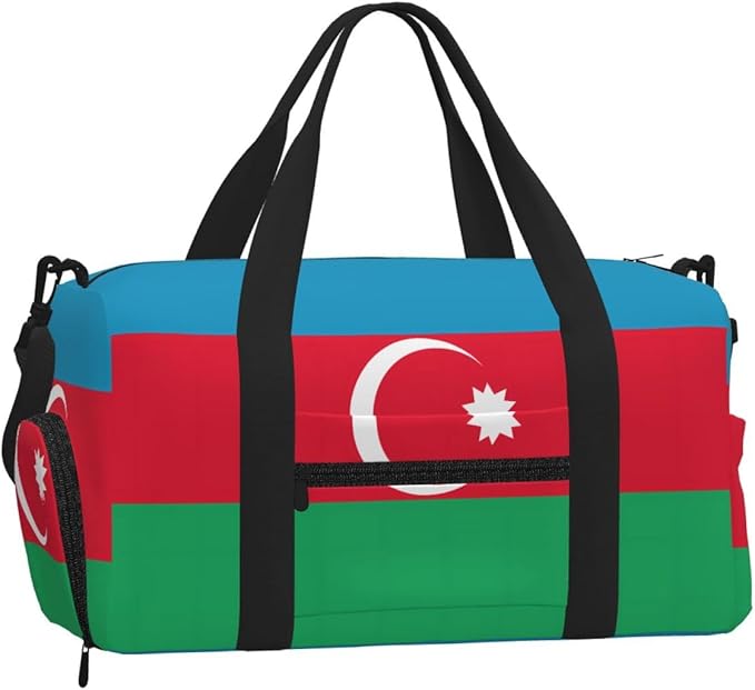 Flag of Azerbaijan Print Gym Bag with Shoe Compartment for Women Men, 17.7in Sports Duffle Weekender Tote, Overnight Travel Duffel Bag Carry On