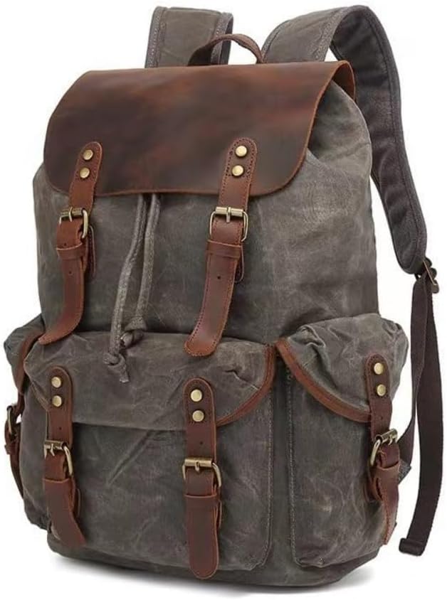Genuine Leather Canvas waxed Backpack Travel Rucksack Laptop Bag