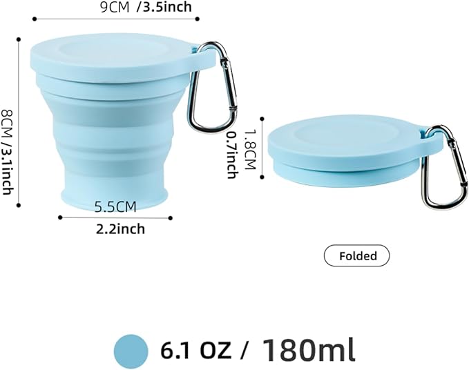 Reusable Foldable Silicone Water Cup, Portable Picnic Snacks Cup, Pocket Size Travel Cup Extensible, Collapsible Cups with Lid for Camping, Travel (Blue with Hook)