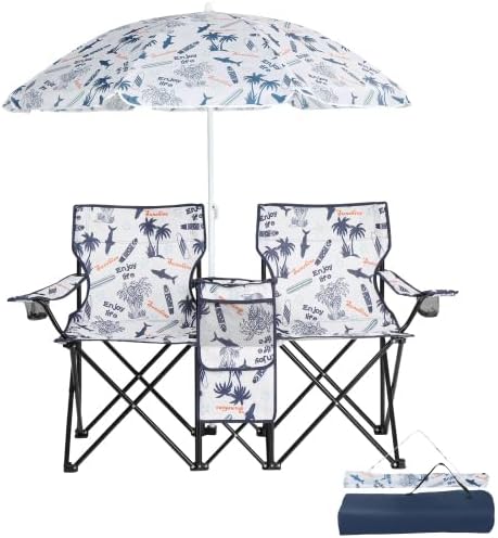 Camping Chairs, Folding Double Chair with Removable Umbrella, Cup Holders, Cooler Bag, Side Pocket & Carry Bag, for Beach, Outdoor, Sports, Concerts, Travel, Picnic