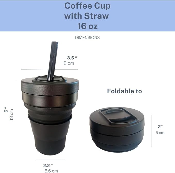 Collapsible Silicone Cup 12 oz – BPA Free Reusable Travel Cup with Lid & Straw – Foldable Pocket Size for Hot & Cold Drinks – Camping, Hiking, Office, Outdoor (Black)