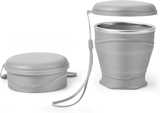 8.8oz/260ml Collapsible Silicone Cup with Lid,BPA-Free,304 Stainless Steel Rim,Portable Cup for Travel,Camping, Hiking,Outdoor Sports (Gray)
