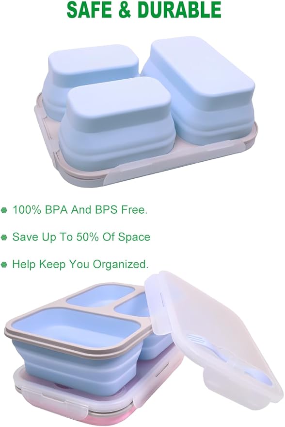 2 Pack Big Collapsible Silicone Bento Lunch Boxes With Lids spoons forks,3 Compartments, Divided Lunch Food Storage Containers, Safe in Microwave, Dishwasher and Freezer, 45.6oz, (Pink+Blue)