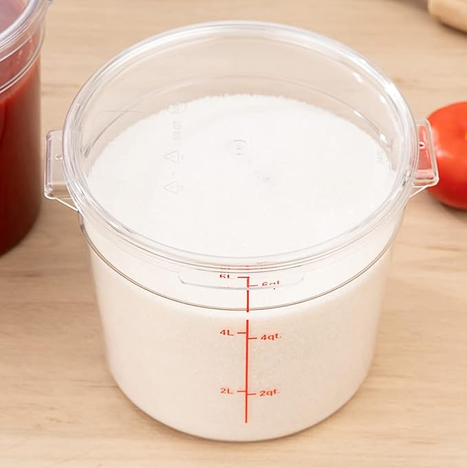 Restaurantware Met Lux 6 Quart Food Storage Containers 10 Round Commercial Storage Containers - Lids Sold Separately With Volume Markers Clear Plastic Food Prep Buckets Space-Saving Storage