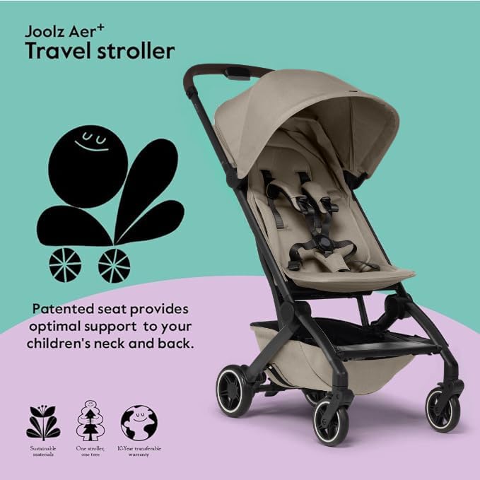 Joolz AER+ Lightweight & Compact Travel Stroller - Portable One-Hand Fold Design - Ergonomic Seat for Infant & Toddler (up to 50 lb) - XXL Sun Hood - Stroller for Airplane -Travel Pouch - Sandy Taupe