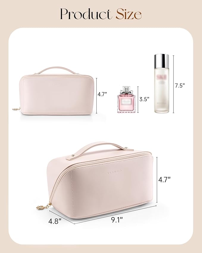 VLANDO Makeup Bag,Travel Toiletry Bag,Cosmetic Bag for Women PU Leather Portable Make up Bag for Skincare, Brushes & Travel Essentials-Apricot Pink