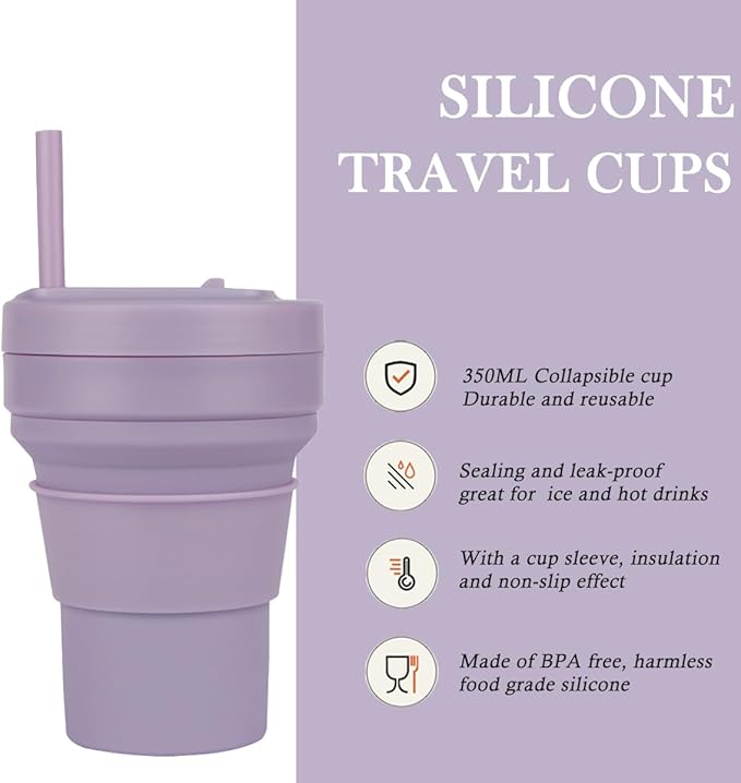 Collapsible Travel Cups- Food Grade Silicone Coffee Cups with Straw Lid 350ml 12oz Lightweight