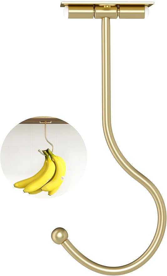 Gold Banana Hanger Hook Under Cabinet: Adhesive Banana Holder, Foldable with Magnets When Not in Use, Under Counter Banana Hook, Stainless, Hold 13 LB