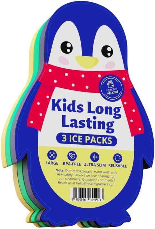 Healthy Packers® Slim Reusable Ice Packs for Lunch Boxes Kids and Adults | Long‑Lasting Thin Freezer Packs for Coolers, Bento Boxes, Lunch Bags, Travel, School Meals, Meal Prep (3-Pack | Penguins)