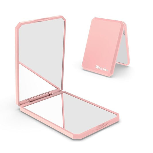 WOBSION Small Compact Mirror,1x/2x Travel Magnifying Mirror,2-Sided Handheld Portable Folding Mirror for Purse,Pocket,Gifts,Square(Pink)