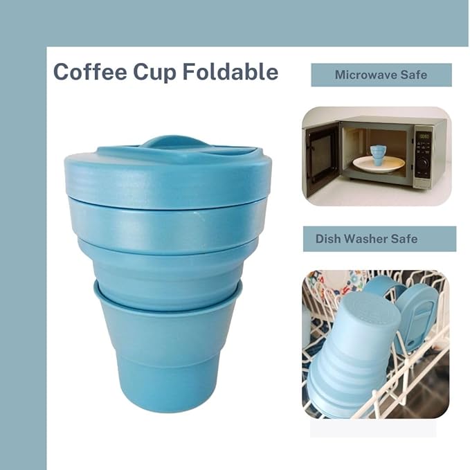 Collapsible Silicone Cup 12 oz – BPA Free Reusable Travel Cup with Lid & Straw – Foldable Pocket Size for Hot & Cold Drinks – Camping, Hiking, Office, Outdoor (Blue)